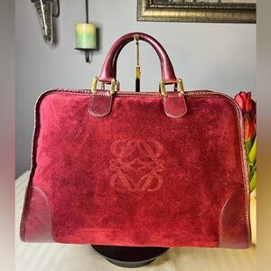LOEWE Amazona Burgundy Suede Leather Satchel Handbag Bag